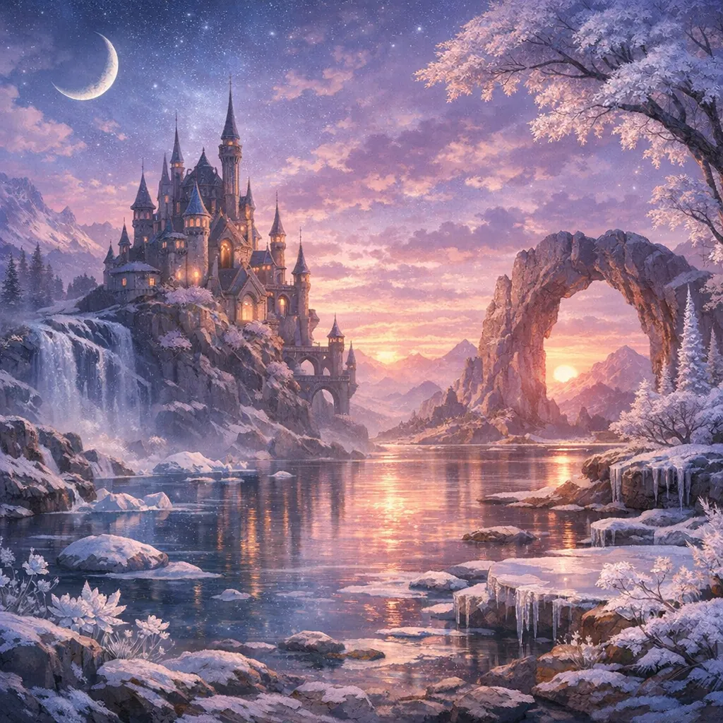 This online jigsaw puzzle features a dreamy fantasy landscape with a majestic castle by a shimmering lake, perfect for browser play.