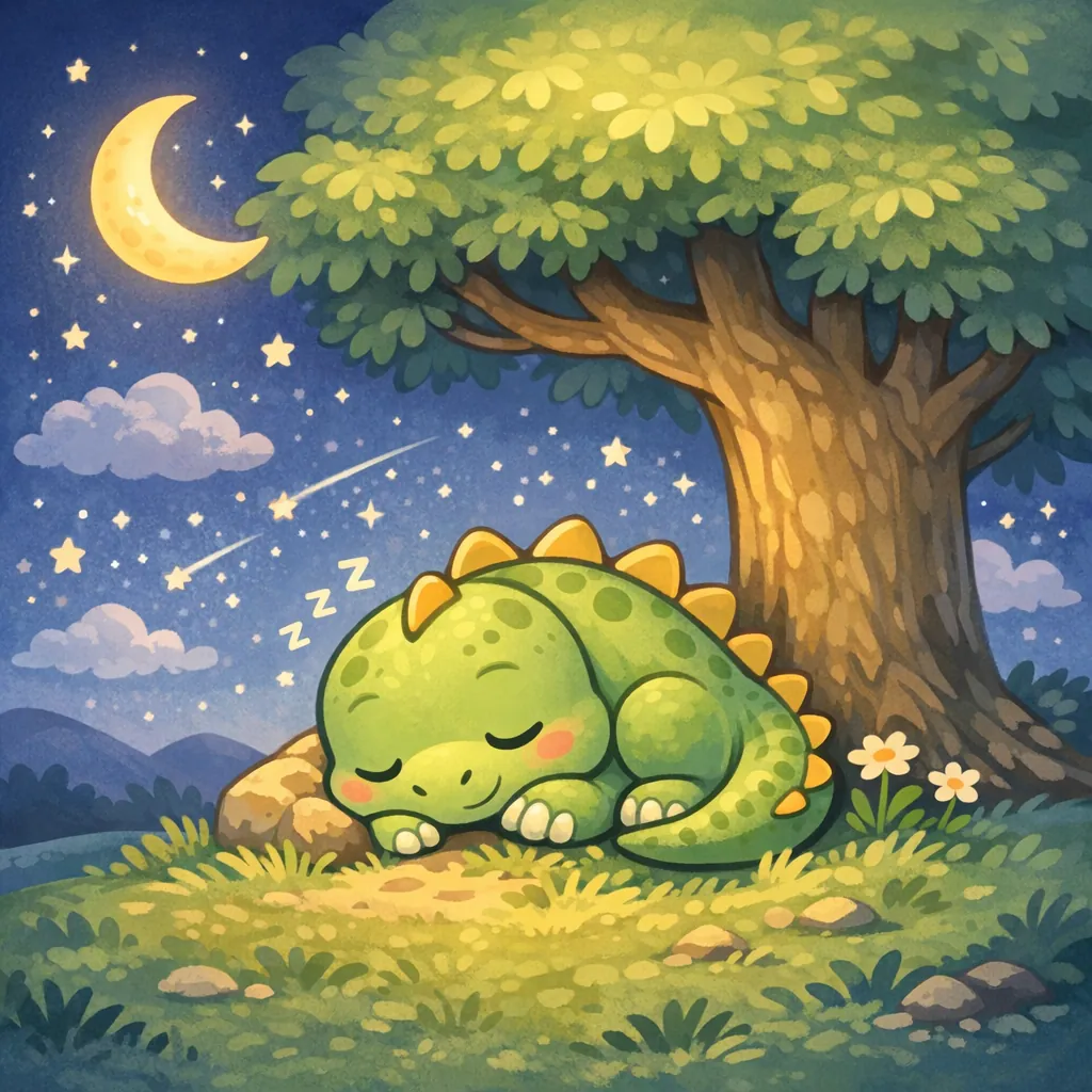 Enjoy an online jigsaw puzzle designed for browser play, featuring a whimsical animal-and-nature scene of a sleepy, cartoon dinosaur resting beneath a big tree