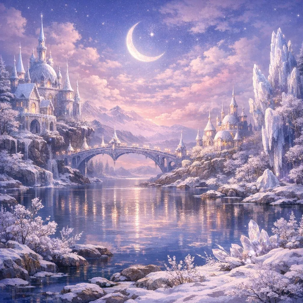 Here’s an online jigsaw puzzle you can play in your browser, featuring a dreamy fantasy landscape with castles and a moonlit winter scene.