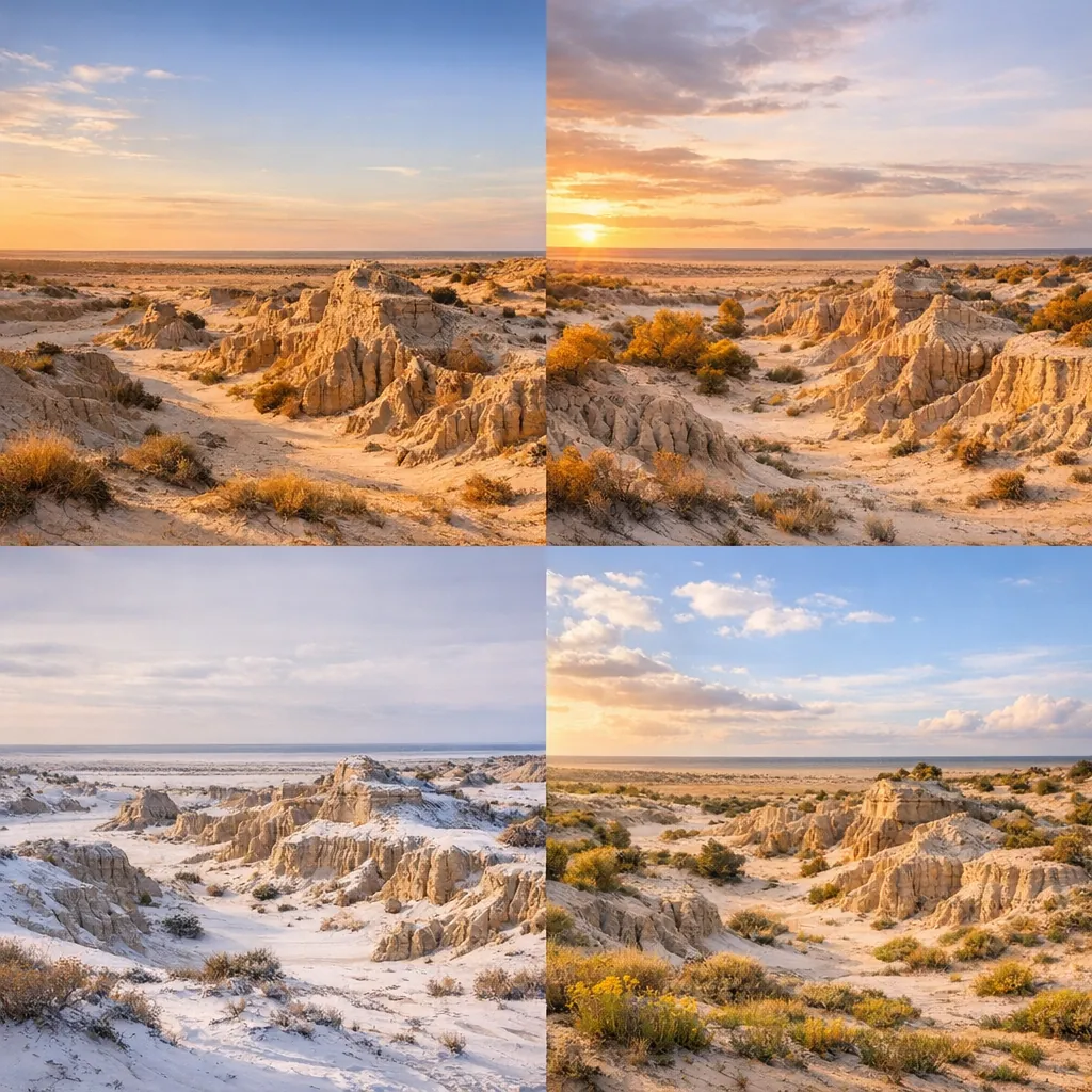 This online jigsaw puzzle features a serene desert coastline landscape, perfect for nature lovers who enjoy wide-open scenes and soft horizons.