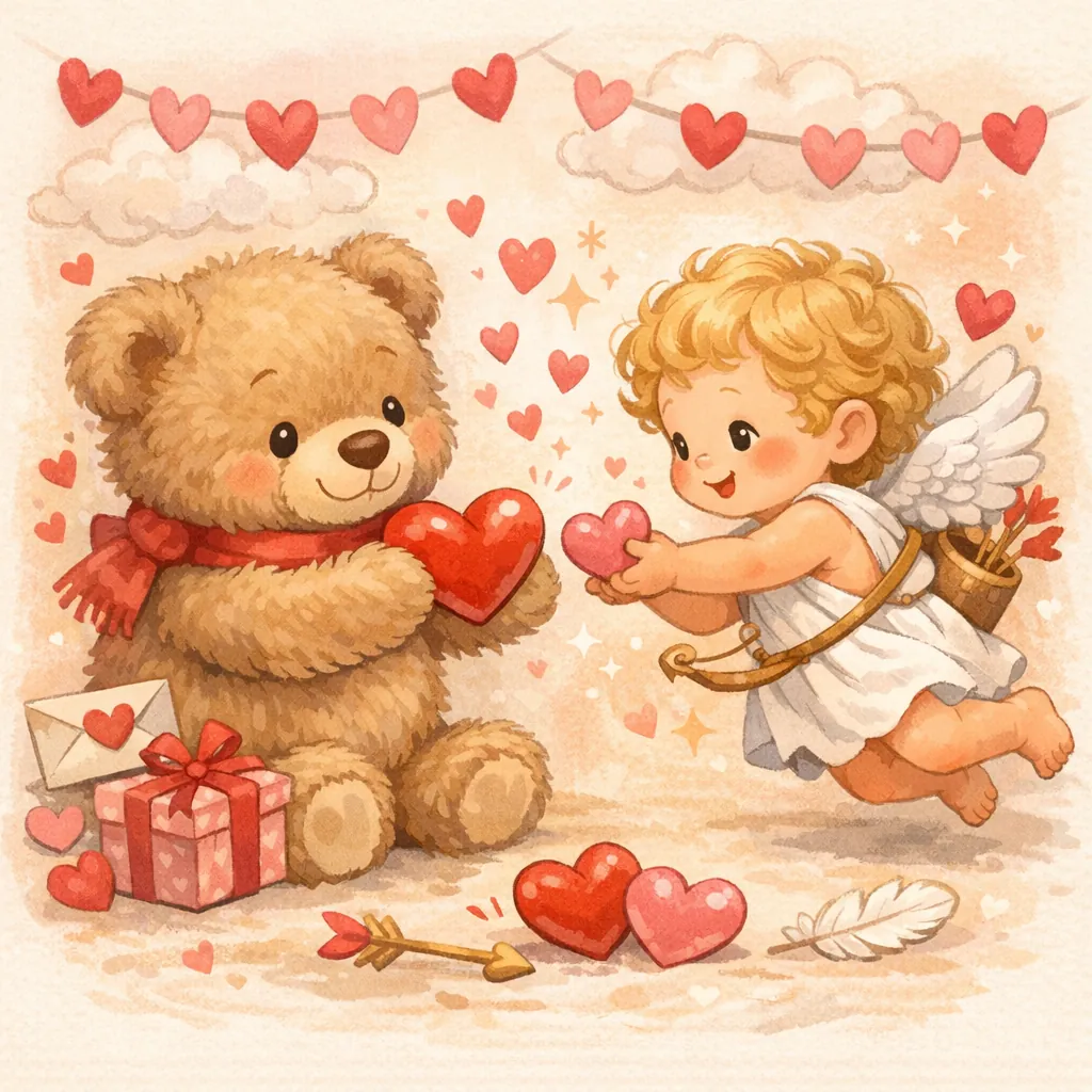 Enjoy an online jigsaw puzzle designed for browser play, featuring a heartwarming Valentine’s illustration of a cuddly teddy bear and a cherubic cupid — a cozy