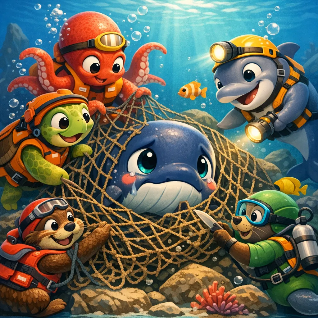 Enjoy an online jigsaw puzzle designed for browser play, featuring a charming underwater rescue scene with playful sea animals.