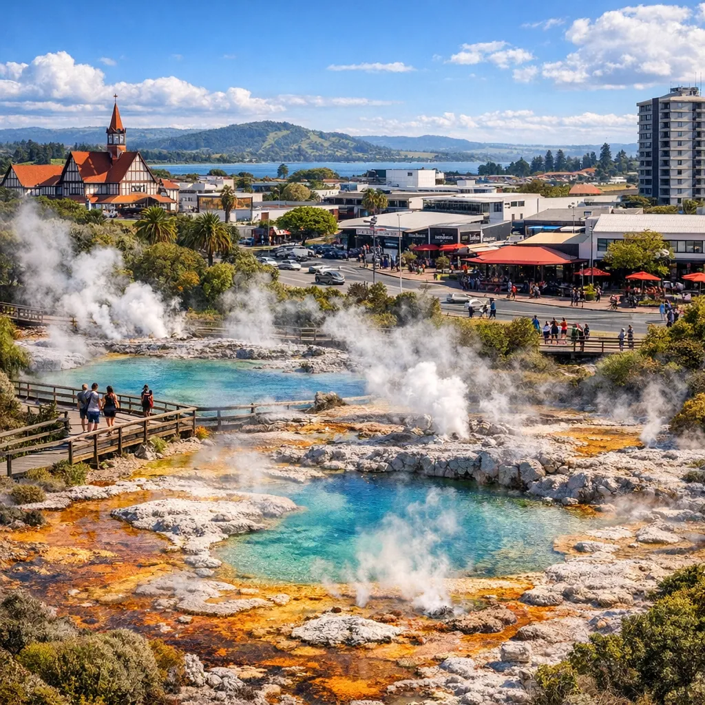 Enjoy an online jigsaw puzzle designed for browser play, featuring a vibrant geothermal scene that blends nature and town life.
