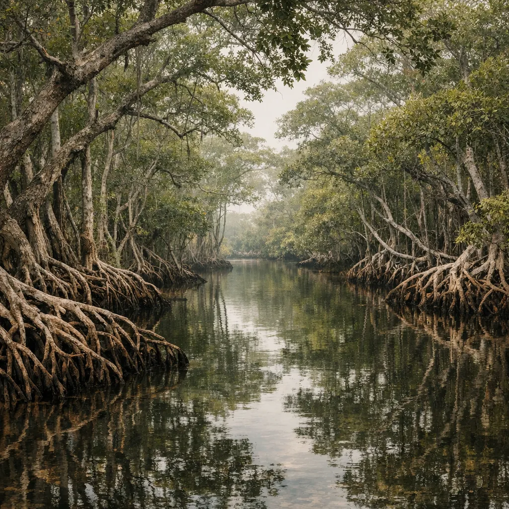 Enjoy an online jigsaw puzzle designed for browser play, featuring a tranquil mangrove forest scene.