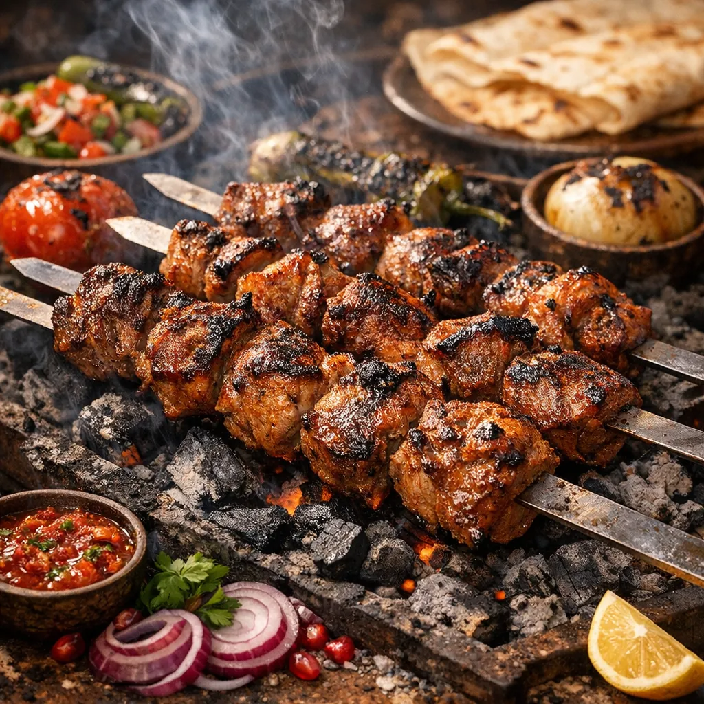 Enjoy an online jigsaw puzzle designed for browser play, featuring a mouthwatering food scene of sizzling grilled kebabs.