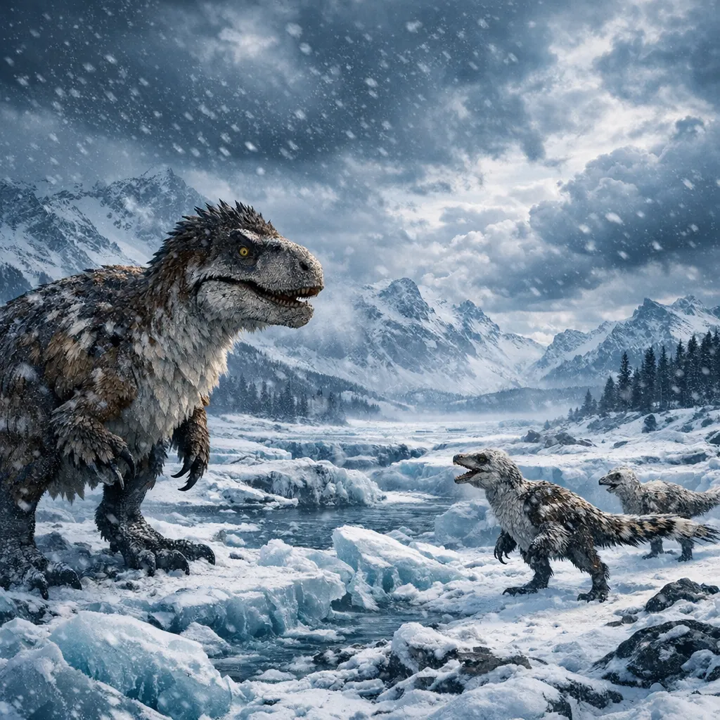Enjoy an online jigsaw puzzle designed for browser play, featuring a dramatic prehistoric wildlife scene.