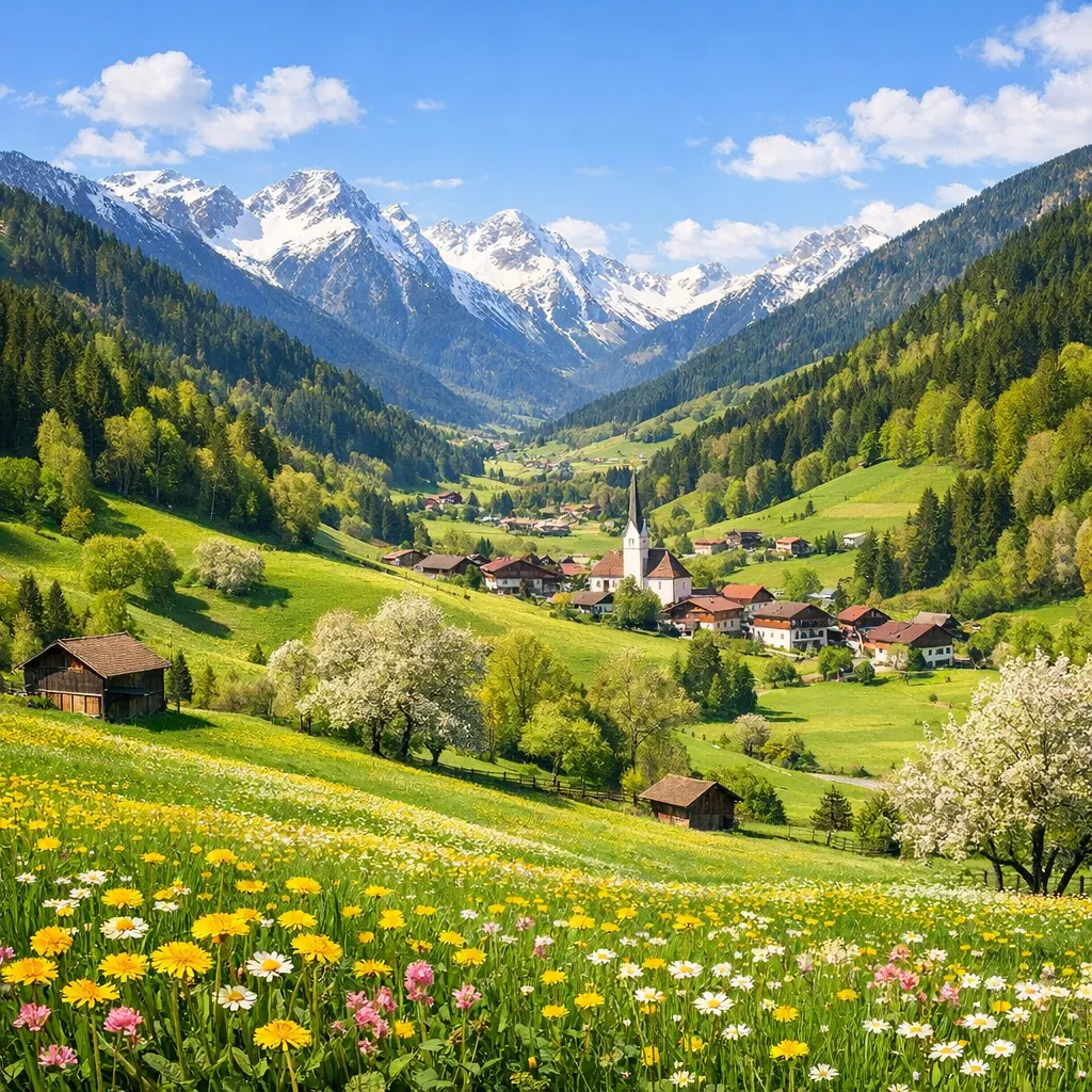 Enjoy an online jigsaw puzzle designed for browser play, featuring a sunlit alpine village nestled in a springtime mountain valley.