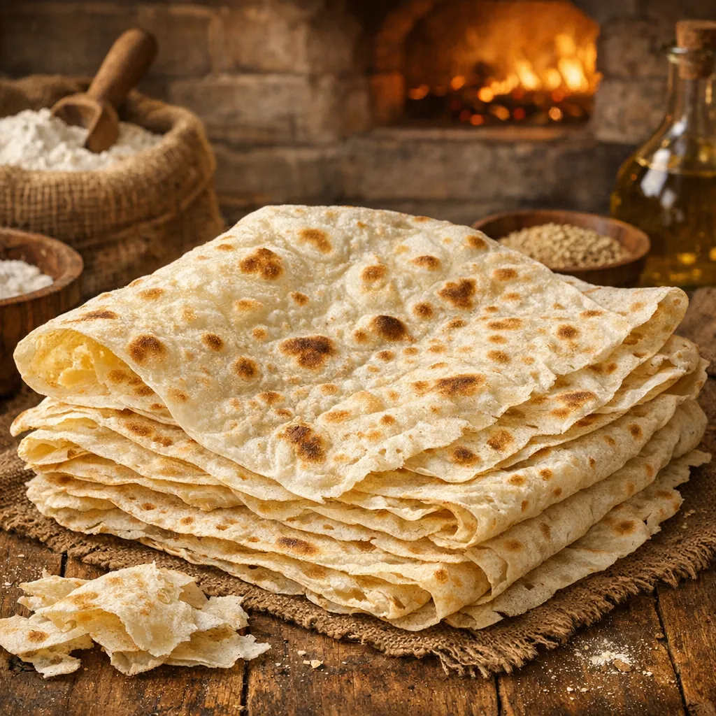 Enjoy an online jigsaw puzzle designed for browser play, featuring a rustic food scene of freshly baked flatbreads stacked on a wooden table.