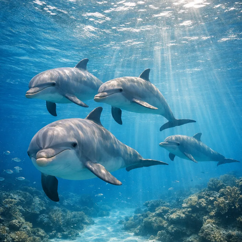 Enjoy an online jigsaw puzzle designed for browser play, featuring a serene underwater scene of playful dolphins in their ocean habitat.