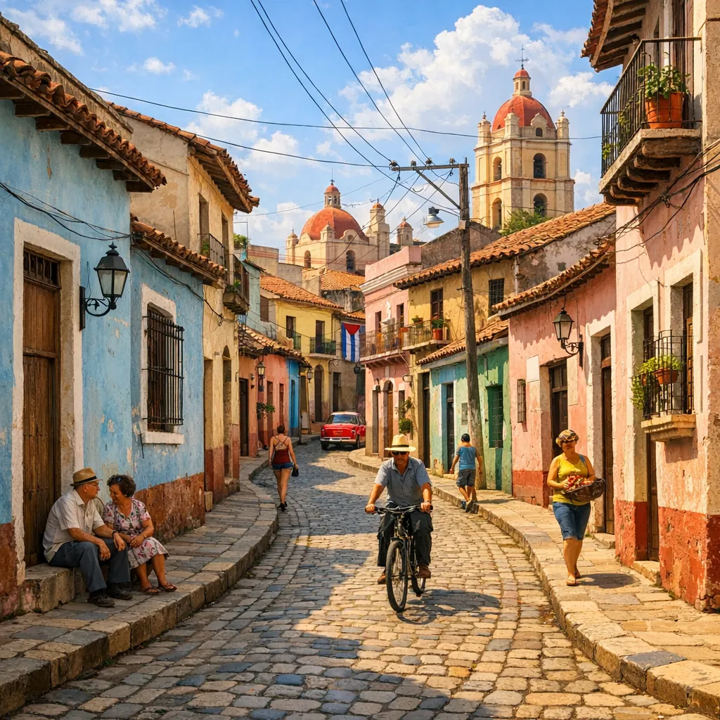 Enjoy an online jigsaw puzzle designed for browser play, featuring a sunlit cobblestone street in a colorful colonial city.