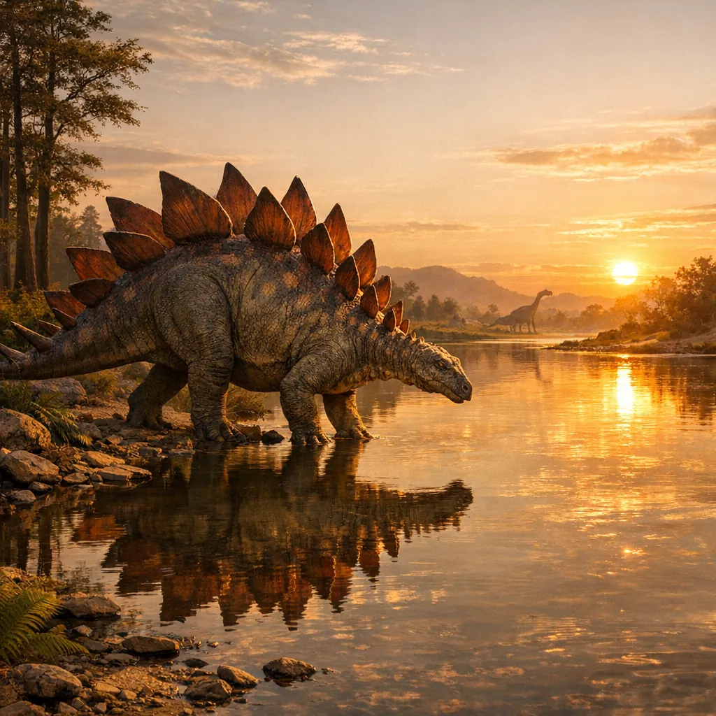 Enjoy an online jigsaw puzzle designed for browser play, featuring a serene prehistoric nature scene with dinosaurs.