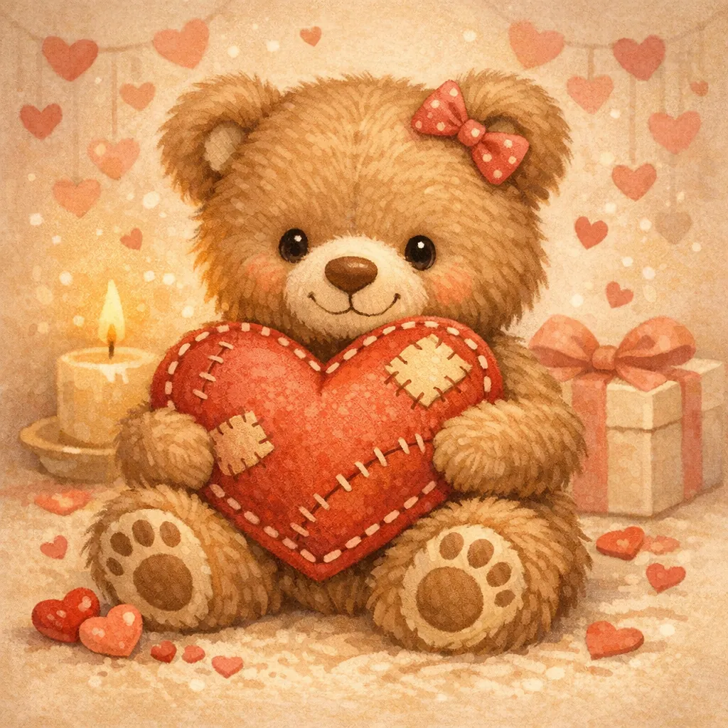 This online jigsaw puzzle features a charming plush teddy bear holding a stitched red heart, perfect for lovers of cute animals and cozy, romantic scenes.