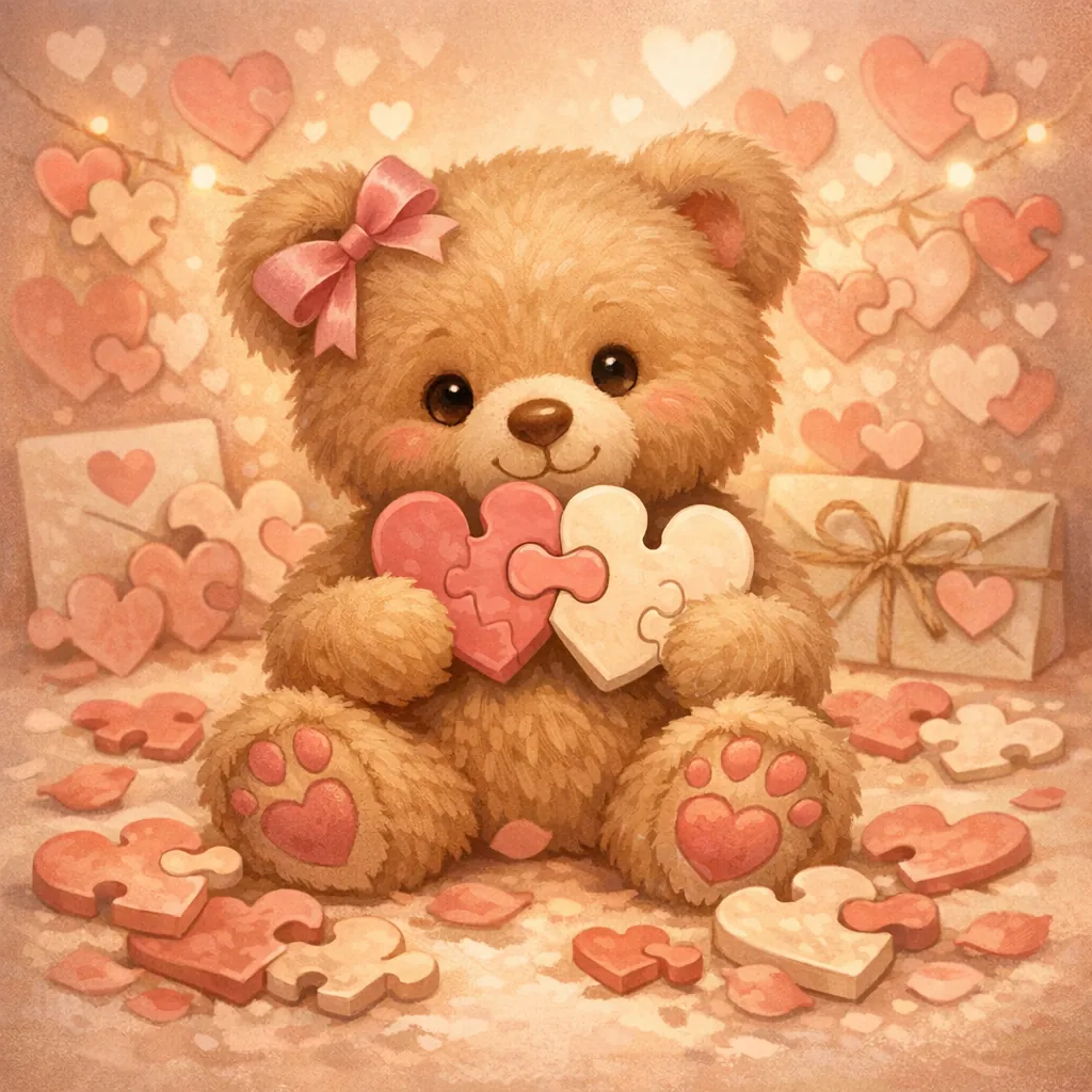 Enjoy an online jigsaw puzzle designed for browser play, featuring an adorable teddy bear surrounded by heart-shaped puzzle pieces in a warm, romantic setting.