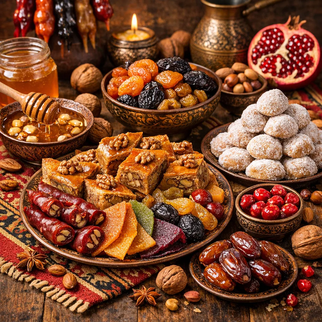 Enjoy an online jigsaw puzzle designed for browser play, featuring a sumptuous spread of traditional sweets, dried fruits, nuts, and honey.