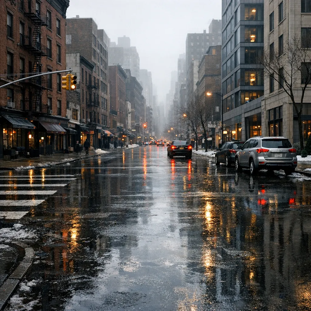 Play an online jigsaw puzzle in your browser that shows a rainy urban street scene, perfect for fans of cityscapes and atmospheric photography.