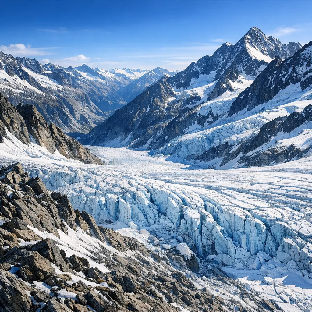 Enjoy an online jigsaw puzzle designed for browser play, featuring a sweeping mountain and glacier landscape full of alpine grandeur.
