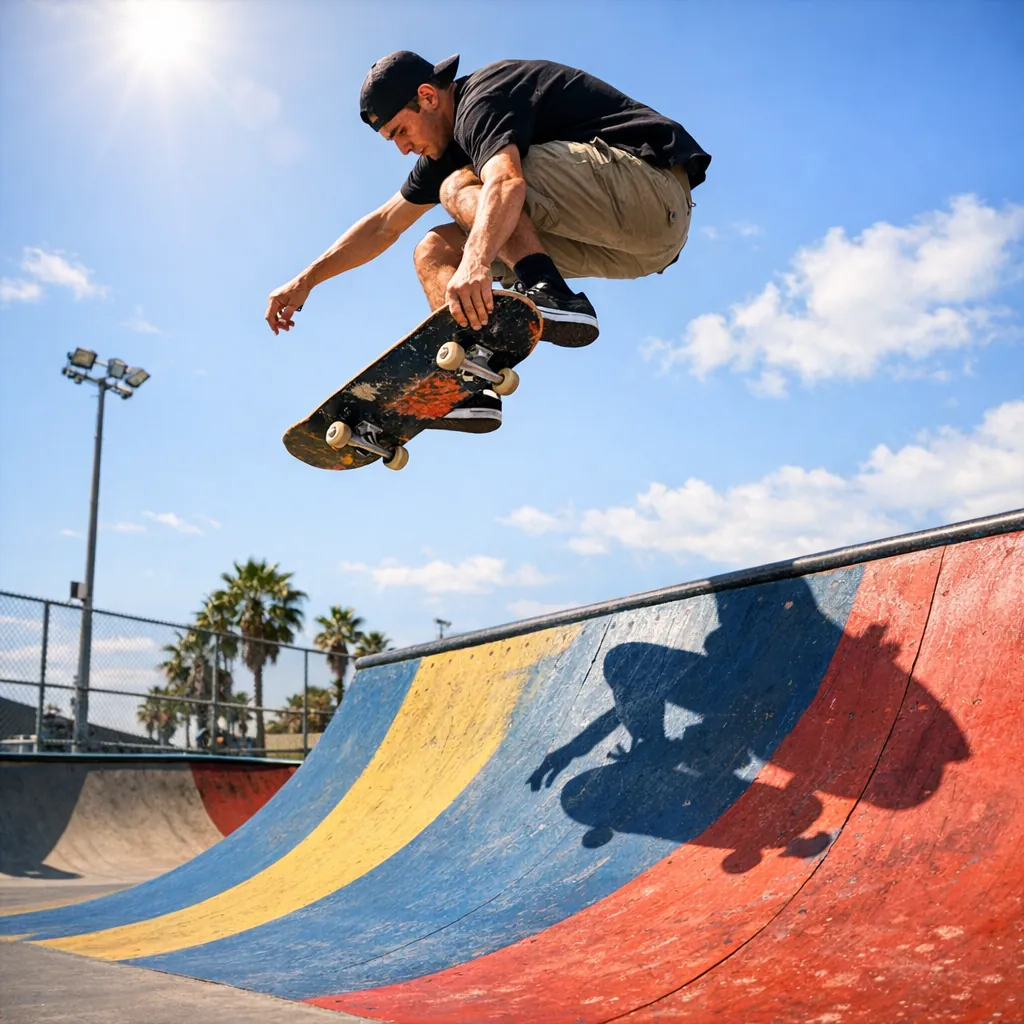 Play an online jigsaw puzzle designed for browser play, featuring an action-packed skateboarding scene in a sunlit urban skatepark.