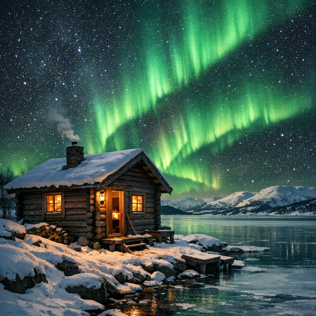 Enjoy an online jigsaw puzzle designed for browser play, featuring a breathtaking nature scene of the northern lights above a snowy lakeside.