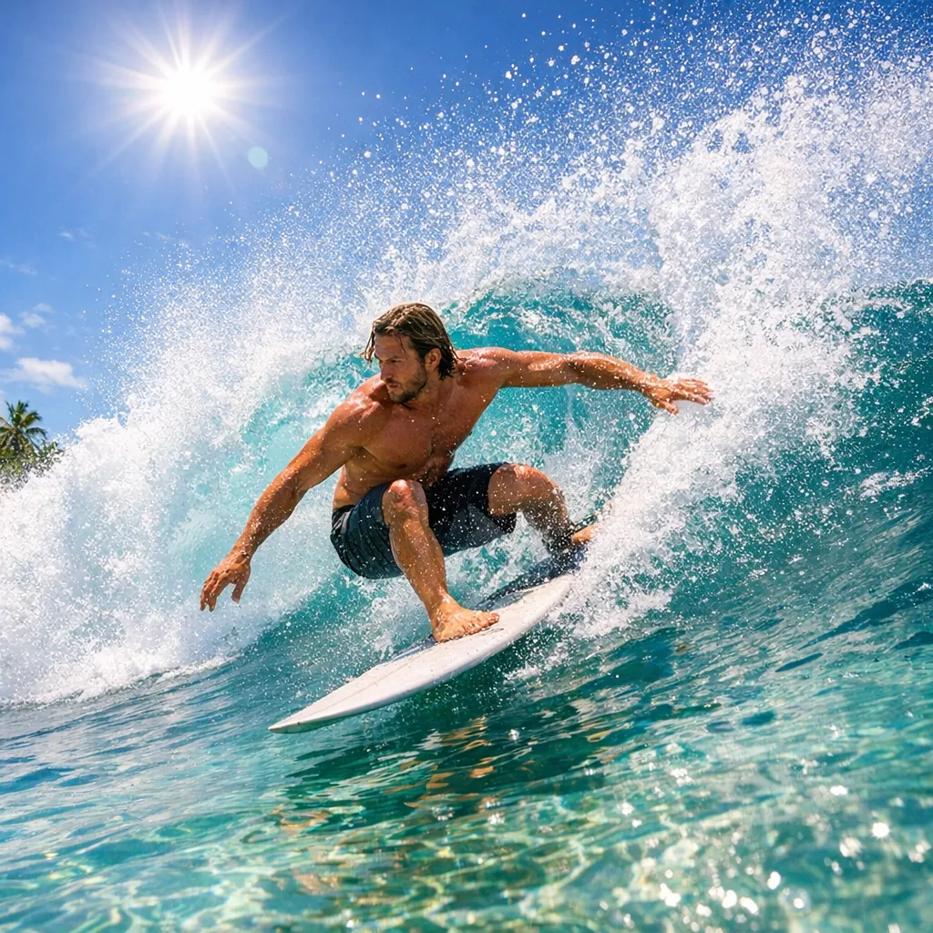 Play an online jigsaw puzzle in your browser that shows an action-packed surfing scene set in bright ocean nature.