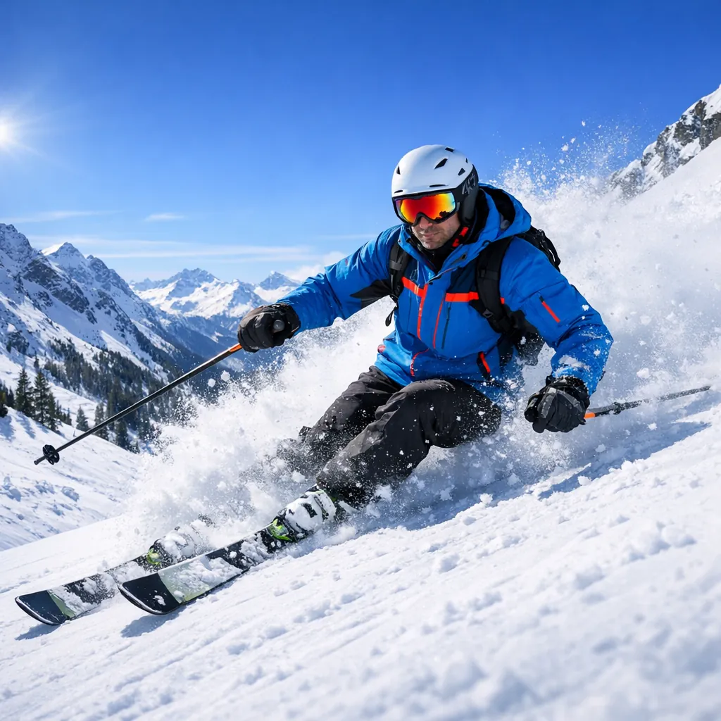 This online jigsaw puzzle features an action-packed winter sports scene set in a sunlit mountain landscape.