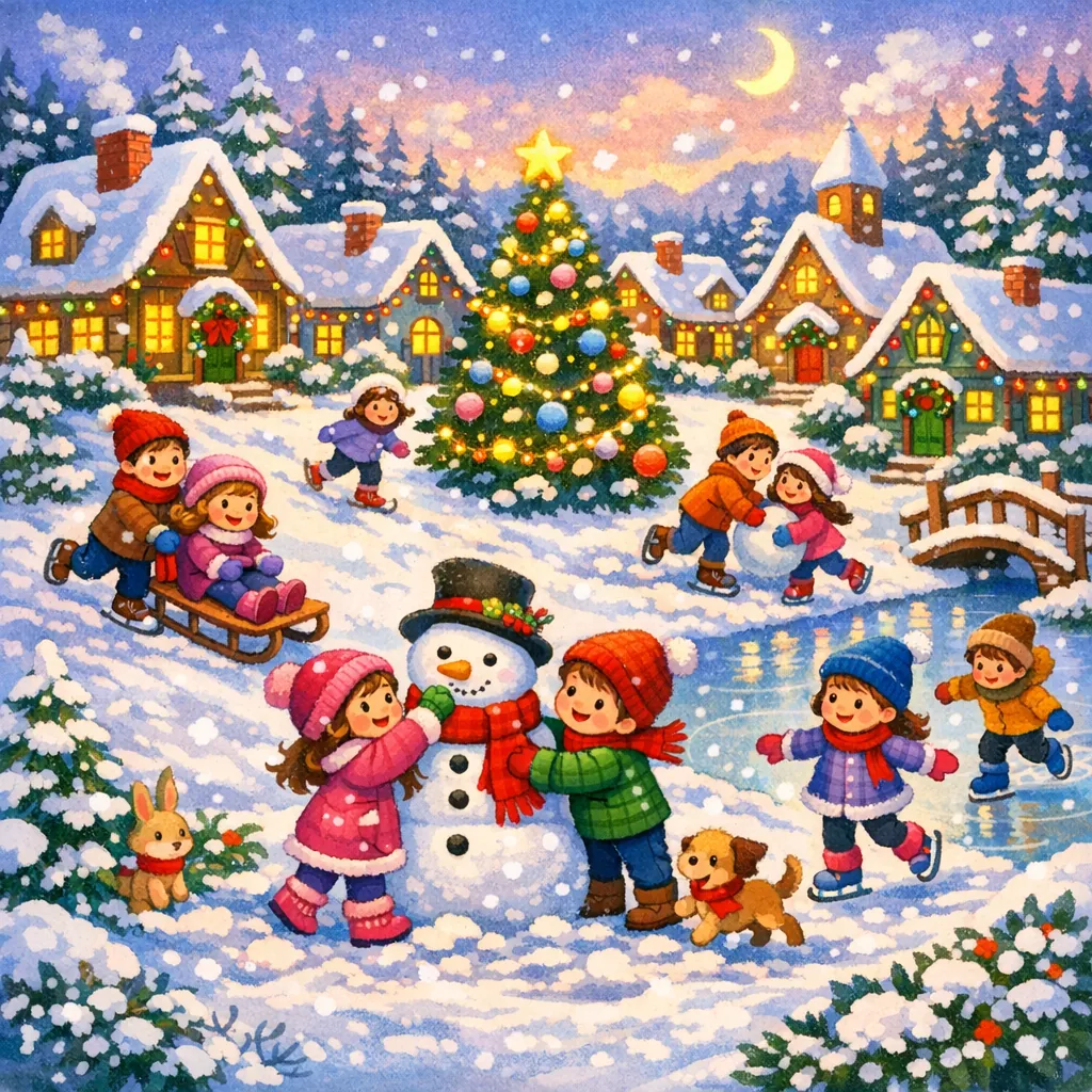 Enjoy an online jigsaw puzzle designed for browser play, featuring a cheerful winter holiday scene full of snow, children, and festive decorations.