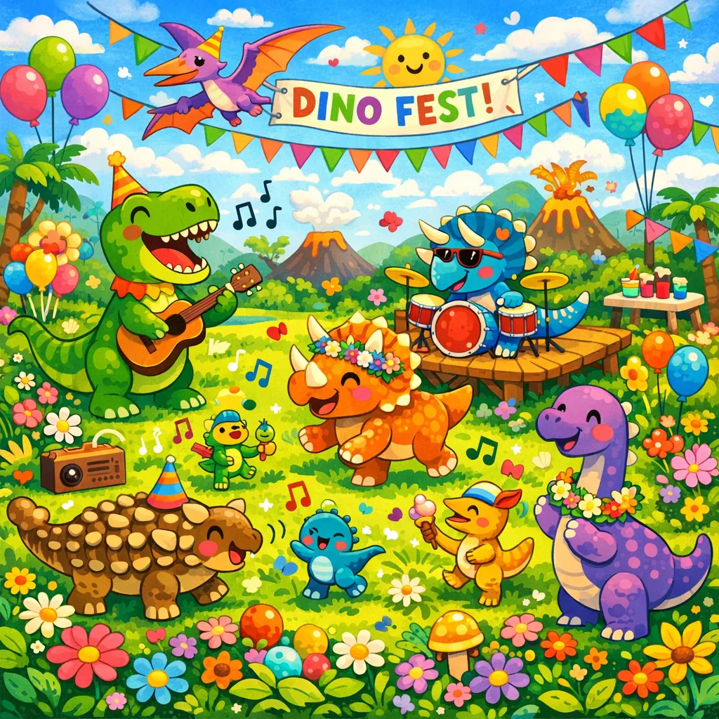 Enjoy an online jigsaw puzzle designed for browser play, featuring a cheerful dinosaur festival scene full of playful prehistoric friends.