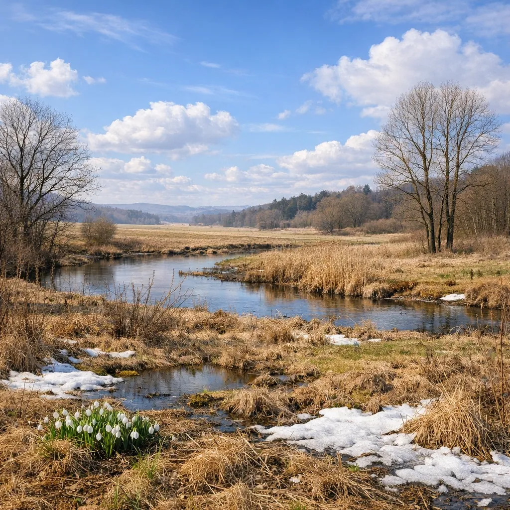 Enjoy an online jigsaw puzzle designed for browser play, featuring a peaceful early-spring nature scene.