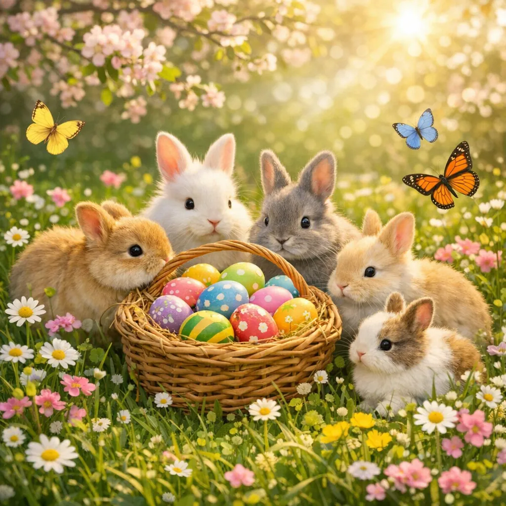 Enjoy an online jigsaw puzzle designed for browser play, featuring an adorable springtime scene of fluffy baby rabbits and colorful Easter eggs.