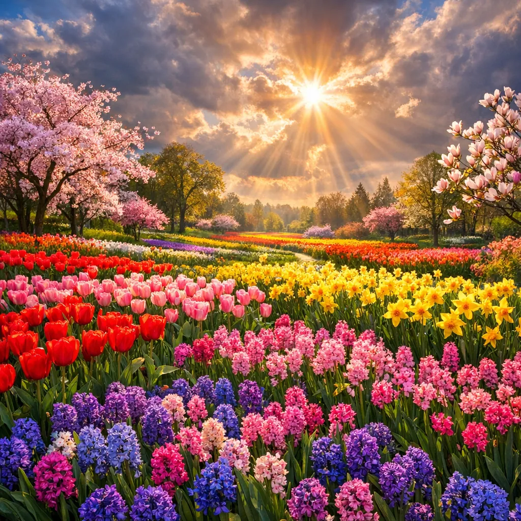 Enjoy an online jigsaw puzzle designed for browser play, featuring a vibrant spring garden full of blooming flowers and flowering trees.