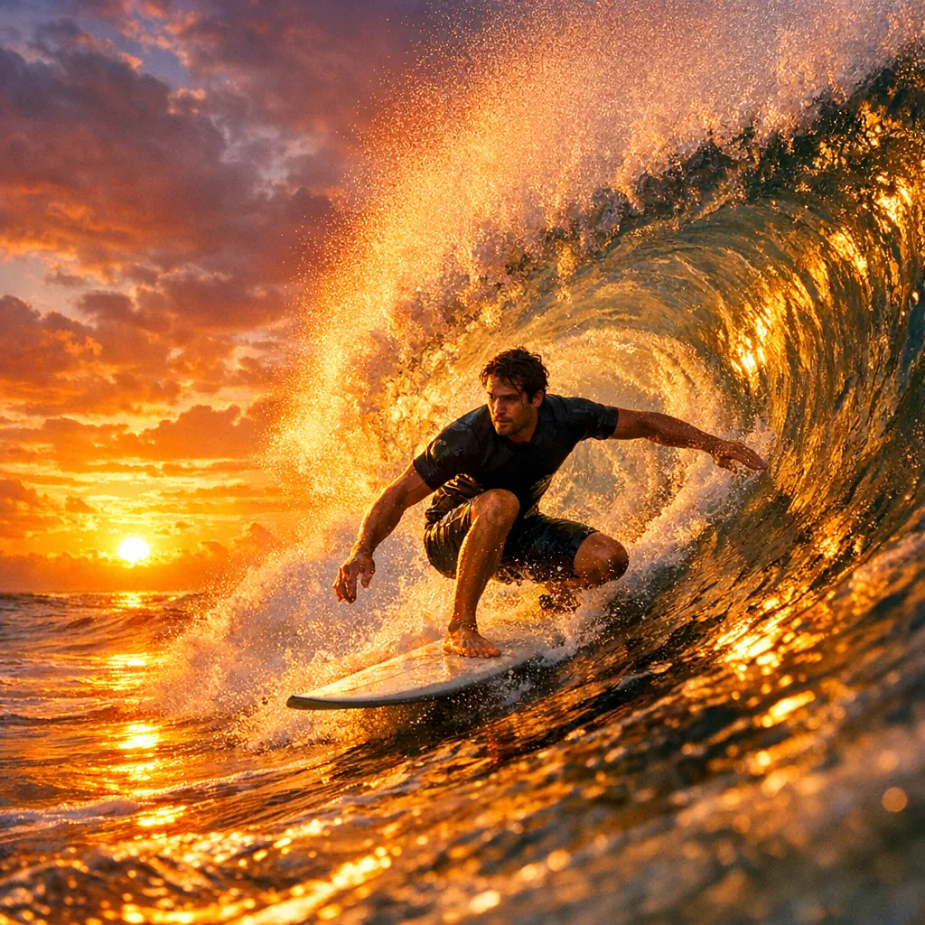 This online jigsaw puzzle features a dramatic surfing scene set against a golden ocean sunset, perfect for lovers of nature and action.