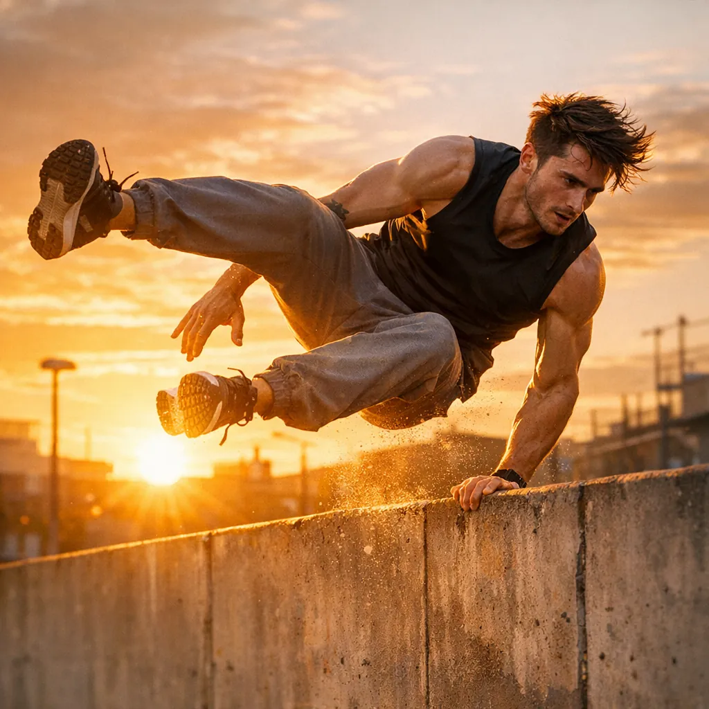This online jigsaw puzzle features a dynamic urban action scene of parkour and athletic movement set against a glowing sunset.