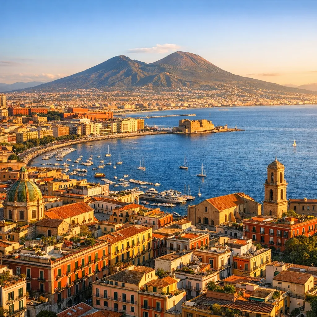 Enjoy an online jigsaw puzzle designed for browser play, featuring a sunlit Mediterranean coastal cityscape with sea, sailboats, and a distant volcano-topped sk