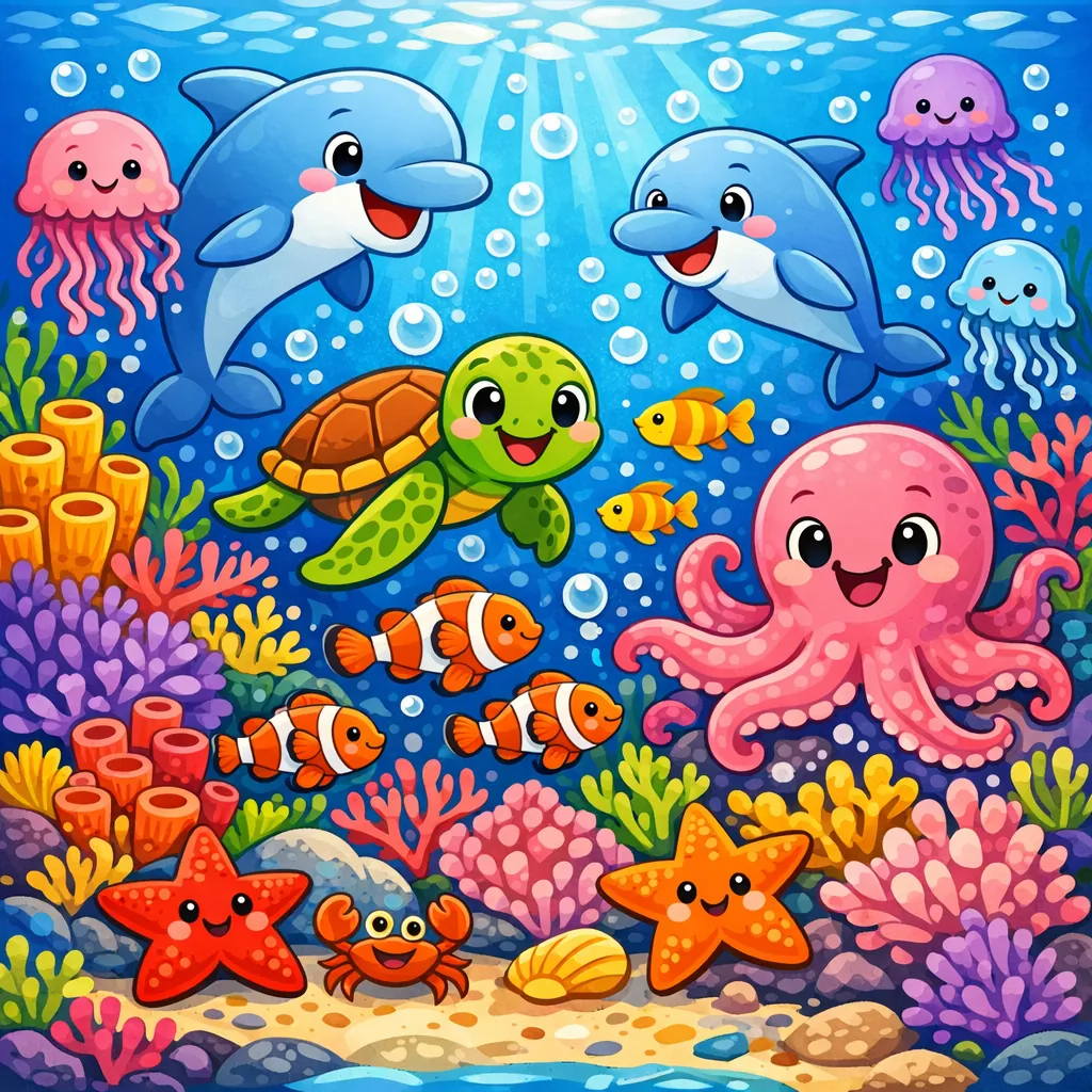 Enjoy an online jigsaw puzzle designed for browser play, featuring a cheerful underwater scene filled with friendly sea animals.