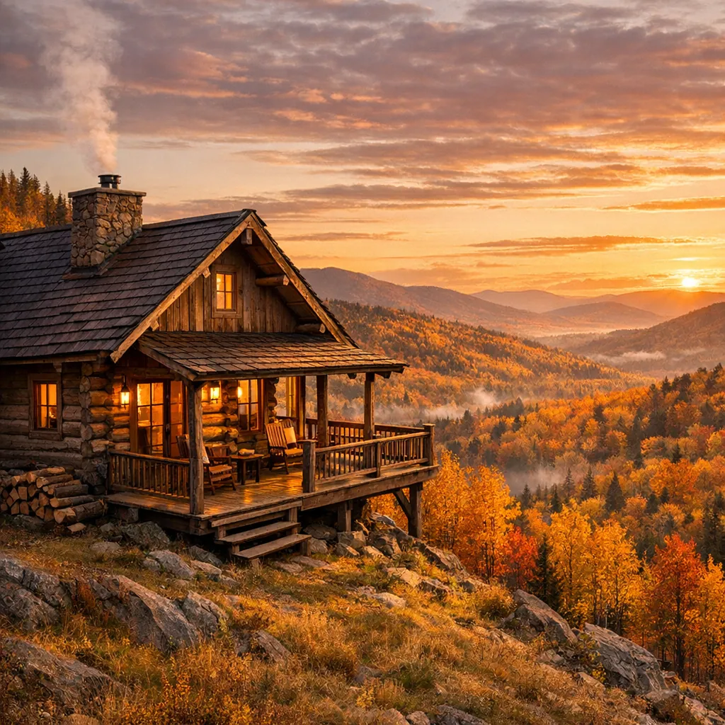 Play an online jigsaw puzzle in your browser that shows a cozy log cabin perched on a rocky hillside amid a sweeping autumn landscape.