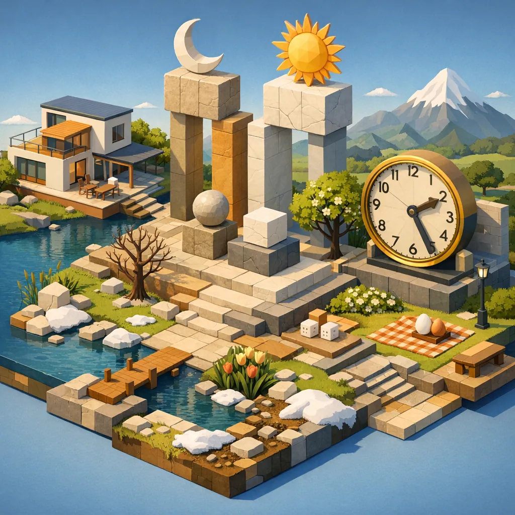 Enjoy an online jigsaw puzzle designed for browser play, featuring a charming lakeside scene where architectural stone ruins, a large clock, and a cozy modern h