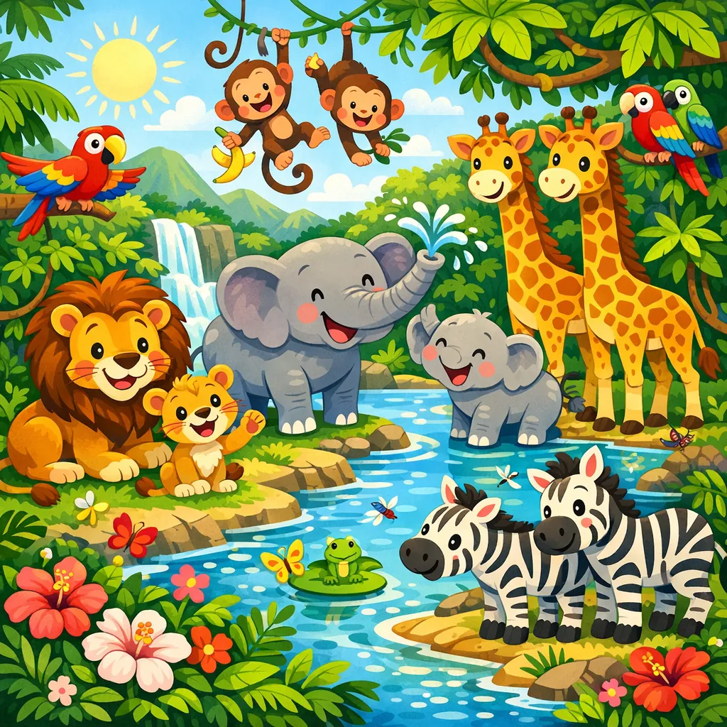 Enjoy an online jigsaw puzzle designed for browser play, featuring a cheerful jungle animals theme full of vibrant wildlife.