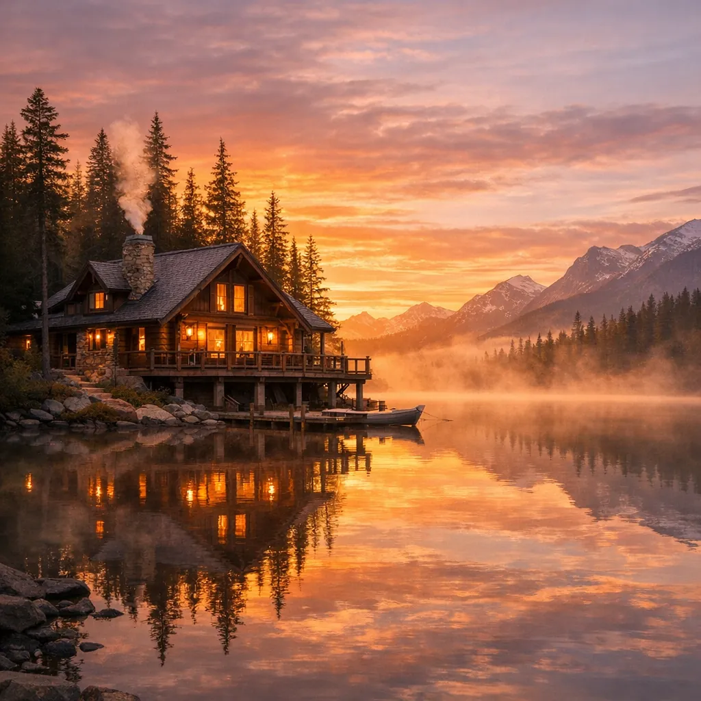 Enjoy an online jigsaw puzzle designed for browser play, featuring a cozy lakeside cabin set against a dramatic mountain sunset and lush forest — a soothing nat
