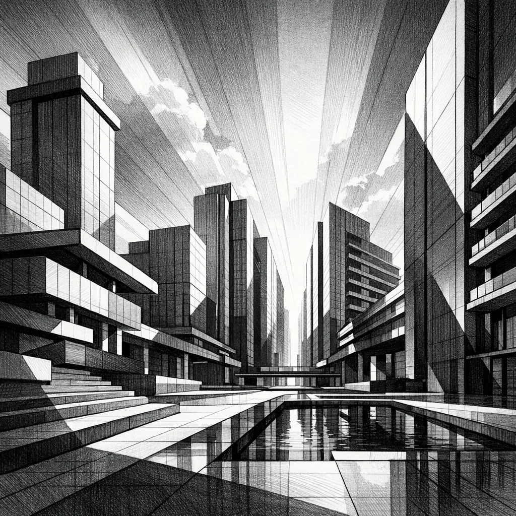 Enjoy an online jigsaw puzzle designed for browser play, featuring a striking black-and-white cityscape and modern architectural forms.