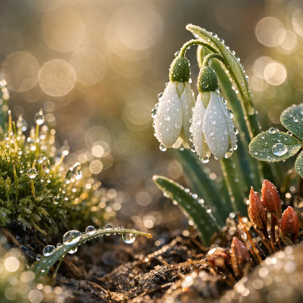 This online jigsaw puzzle features a close-up nature scene of delicate snowdrop flowers glistening with dew, perfect for a peaceful browser playtime.