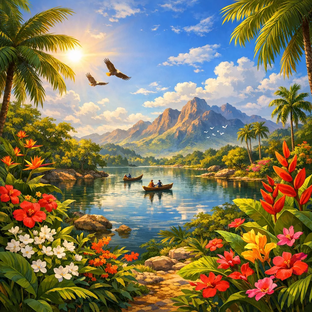 Enjoy an online jigsaw puzzle designed for browser play, featuring a vibrant tropical landscape with lush flowers, calm water, and distant mountains.