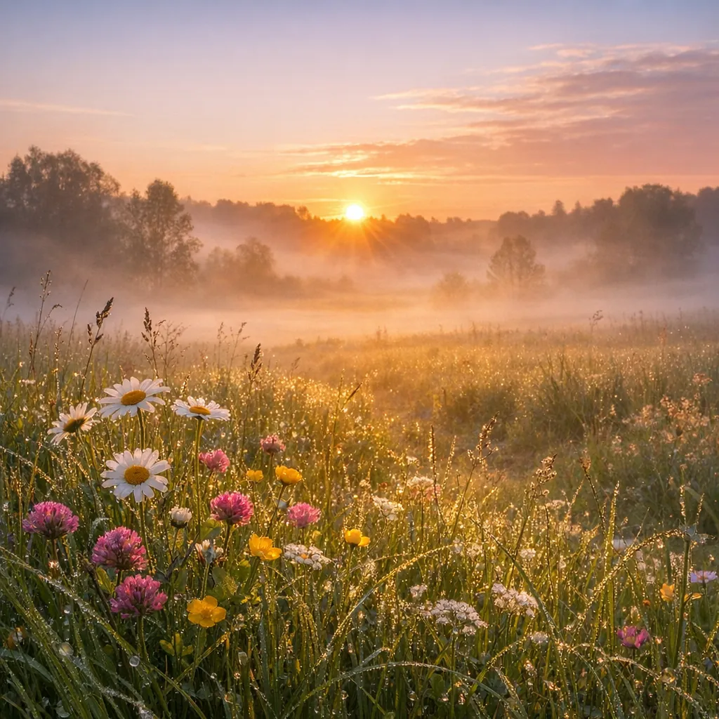 Enjoy an online jigsaw puzzle designed for browser play, featuring a serene wildflower meadow at sunrise.