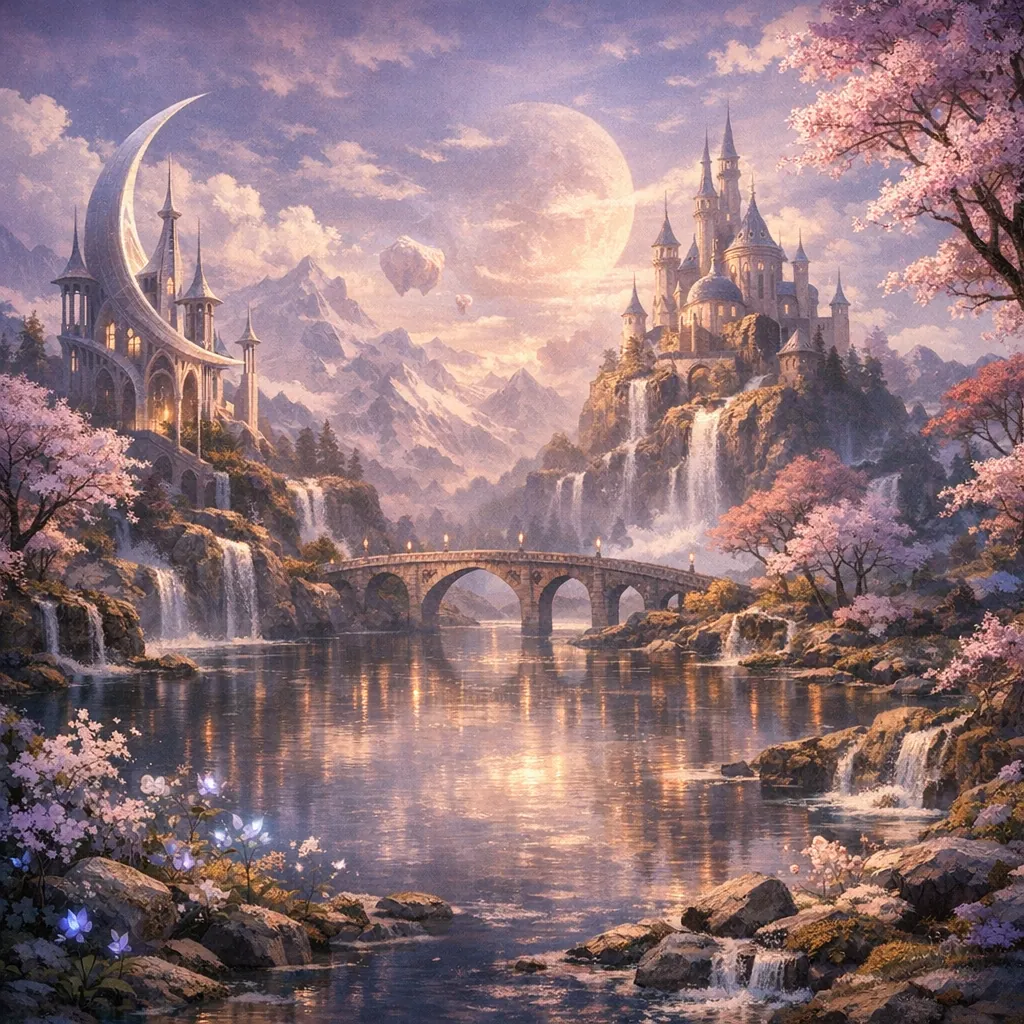 Enjoy an online jigsaw puzzle designed for browser play, featuring a dreamy fantasy landscape where castles and nature meet.