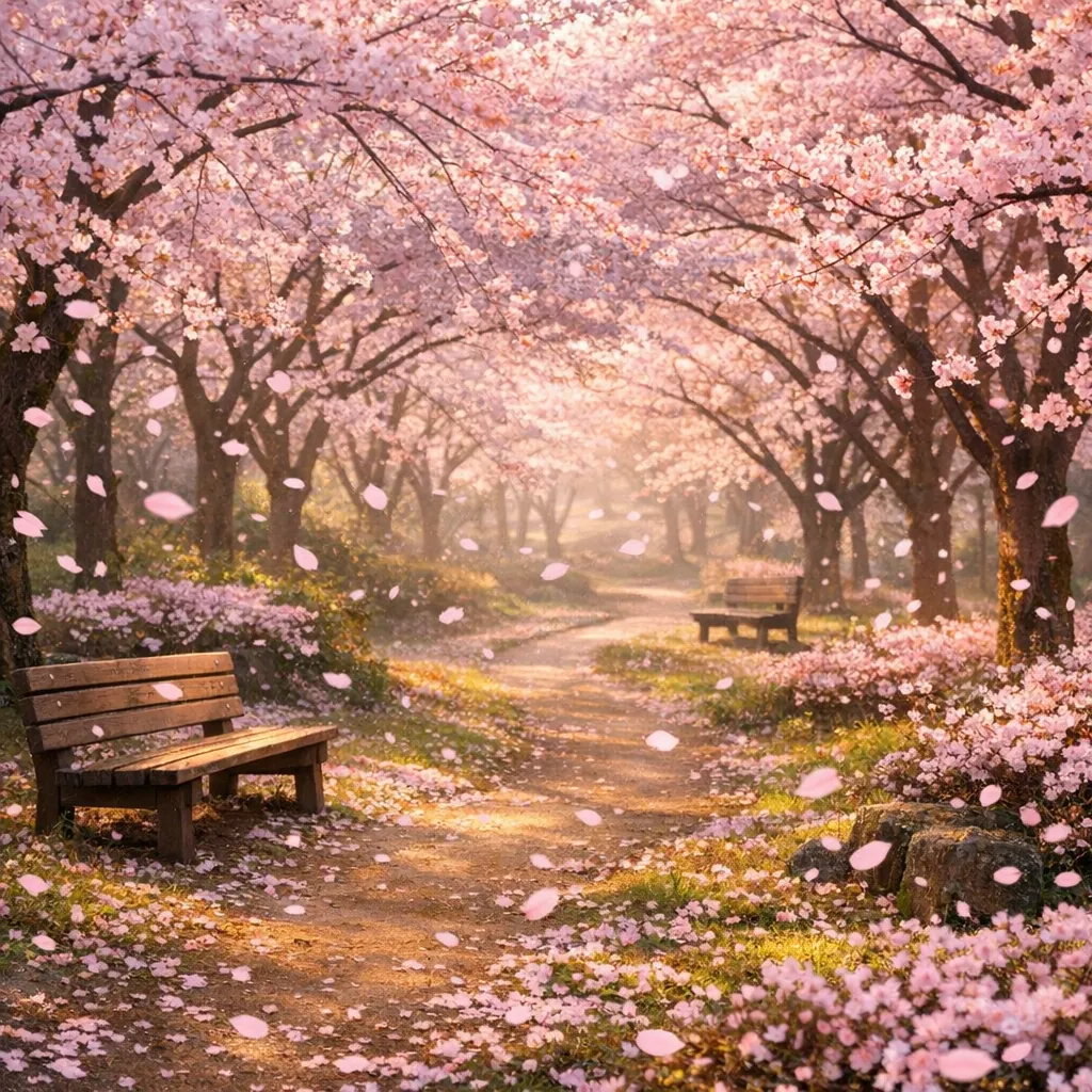 Enjoy an online jigsaw puzzle designed for browser play, featuring a serene spring scene of cherry blossoms and a sunlit park path.