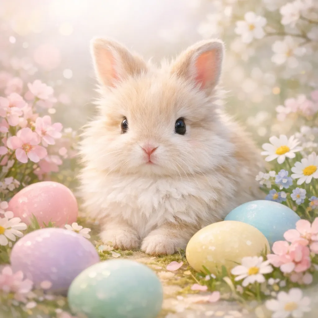 Enjoy an online jigsaw puzzle designed for browser play, featuring a fluffy baby bunny nestled among pastel eggs and spring blooms that celebrate animals and na