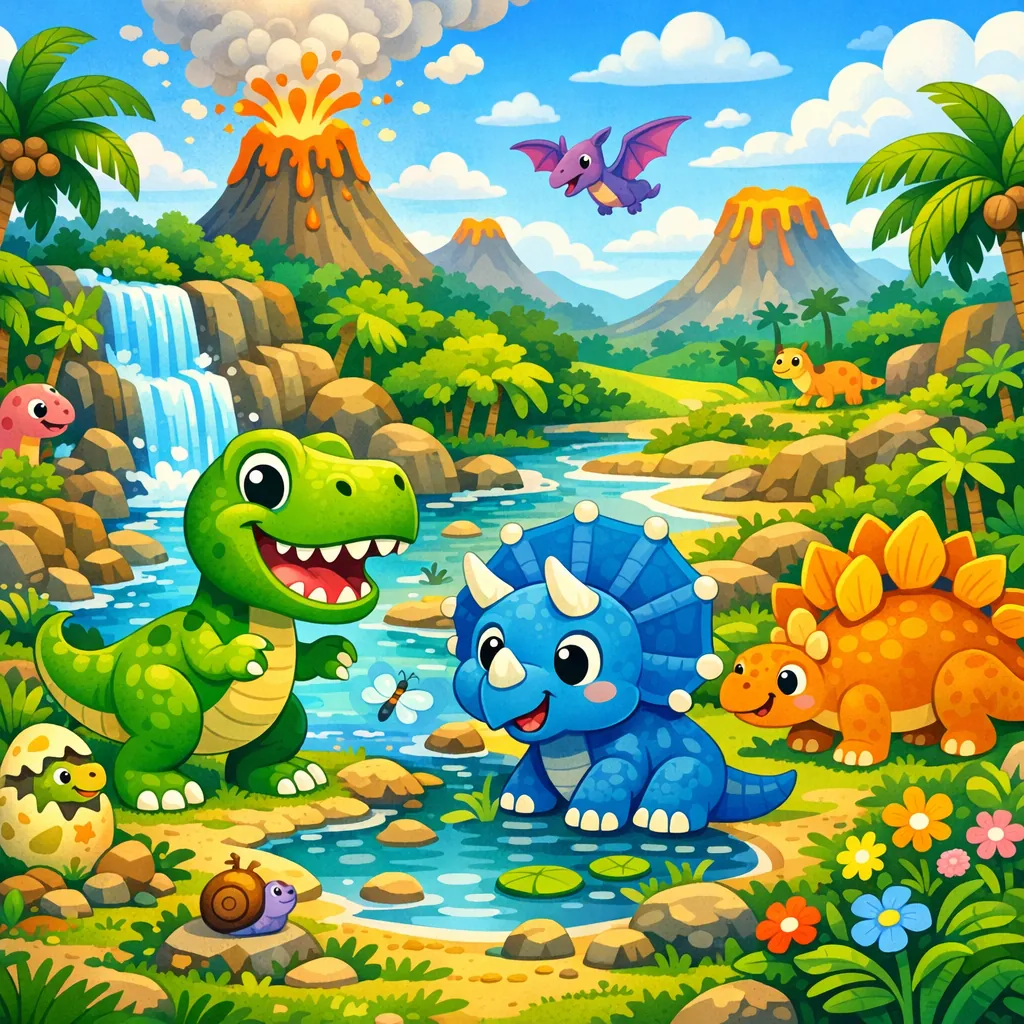 Enjoy an online jigsaw puzzle designed for browser play, featuring a cheerful prehistoric scene filled with playful dinosaurs and lush nature.