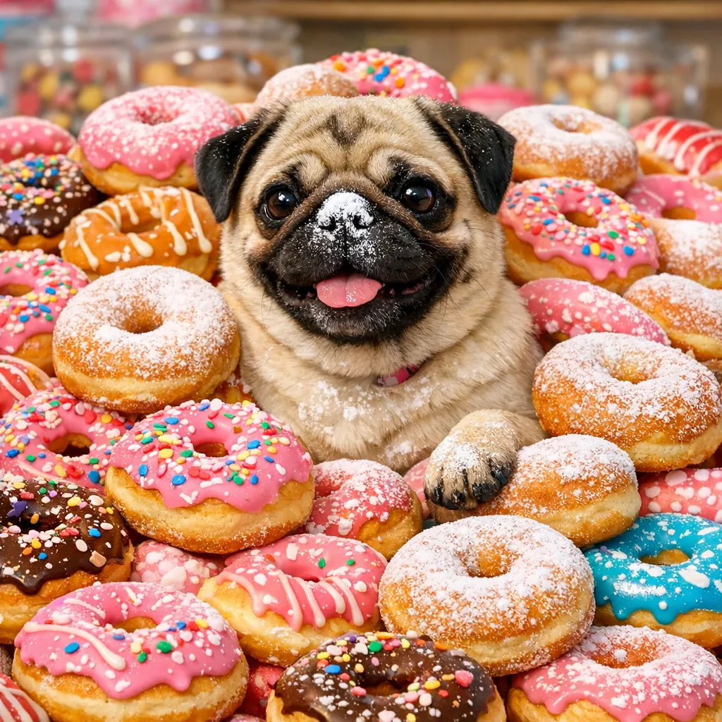Enjoy an online jigsaw puzzle designed for browser play, featuring a charming pug nestled among a mountain of colorful donuts a delightful mix of animals and fo