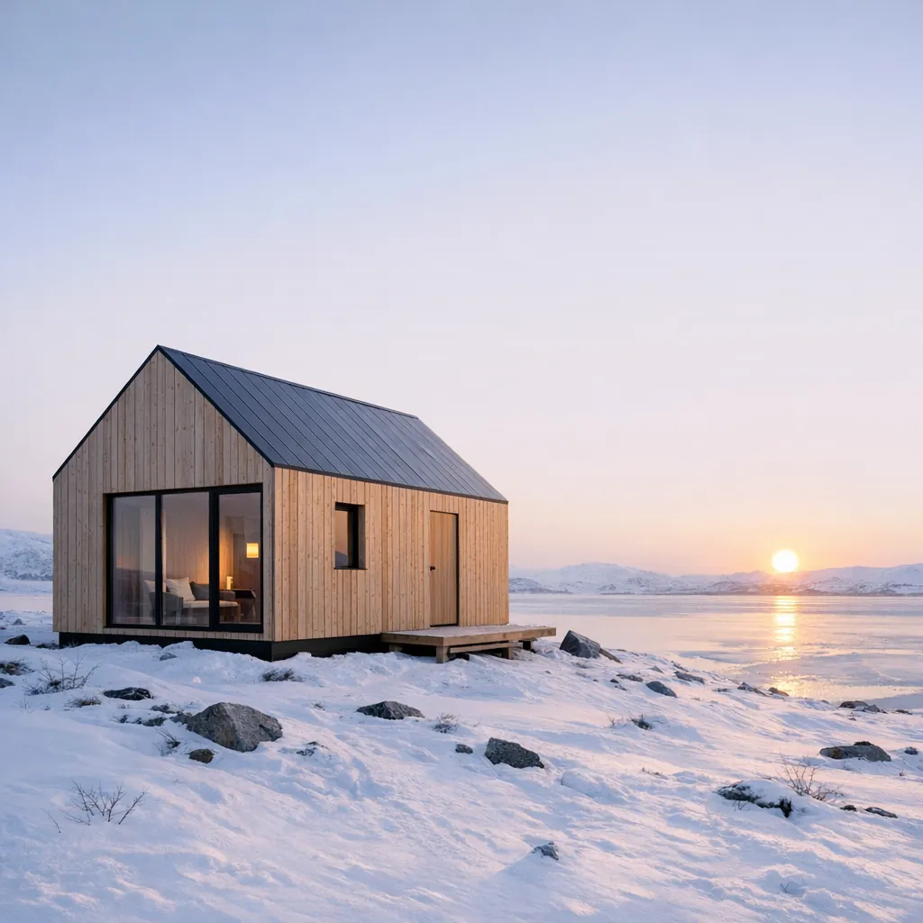 Enjoy an online jigsaw puzzle designed for browser play, featuring a serene winter cabin by the sea that celebrates nature and minimalist architecture.