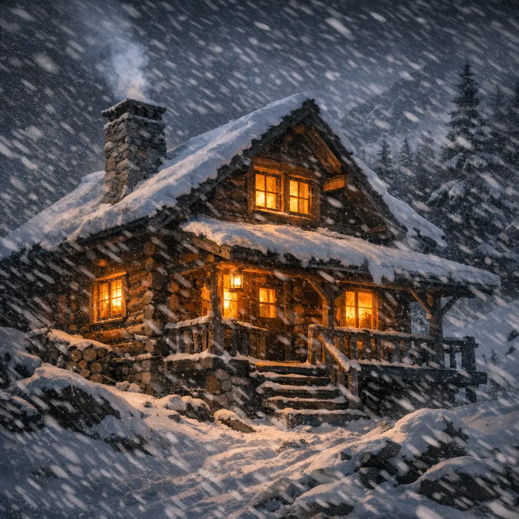 Play an online jigsaw puzzle in your browser that shows a warmly lit log cabin tucked into a snowy forest scene — a serene nature and winter-themed image perfec
