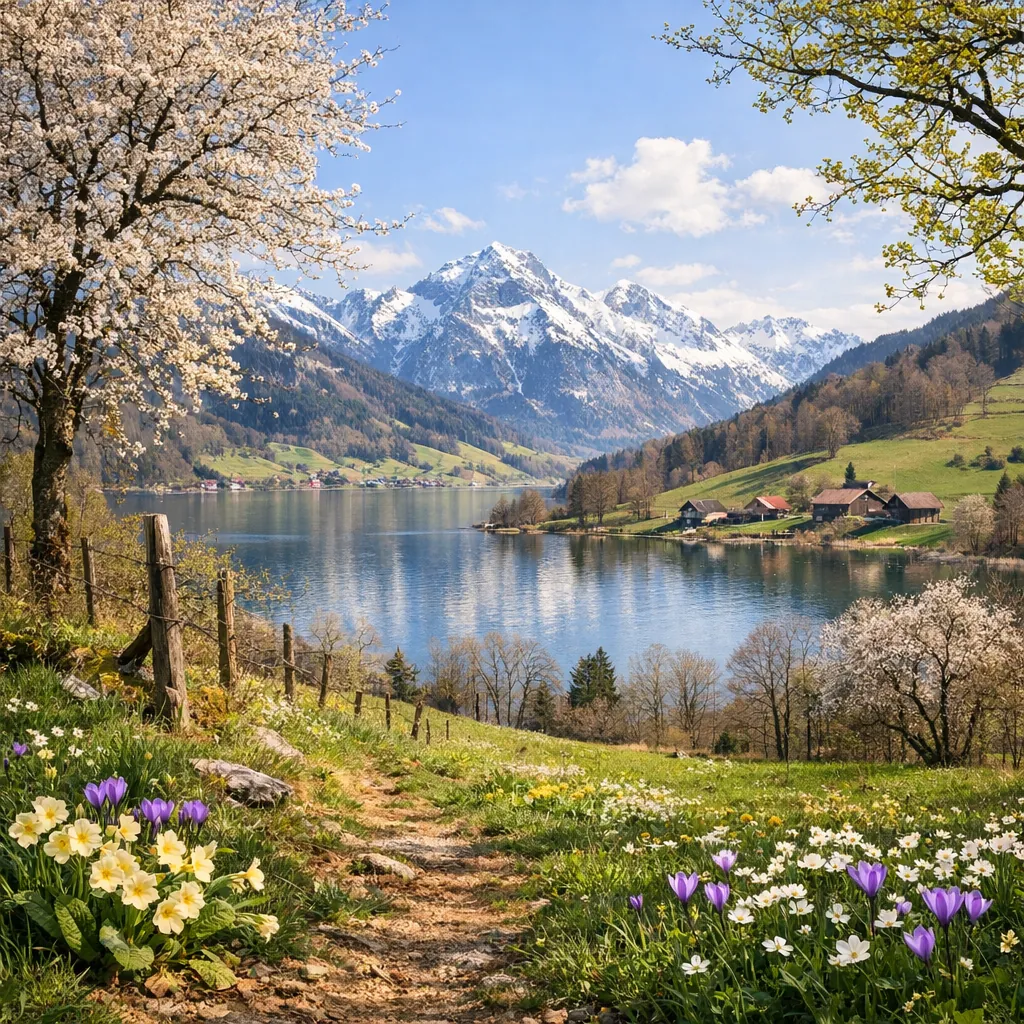 Enjoy an online jigsaw puzzle designed for browser play, featuring a serene springtime mountain landscape.