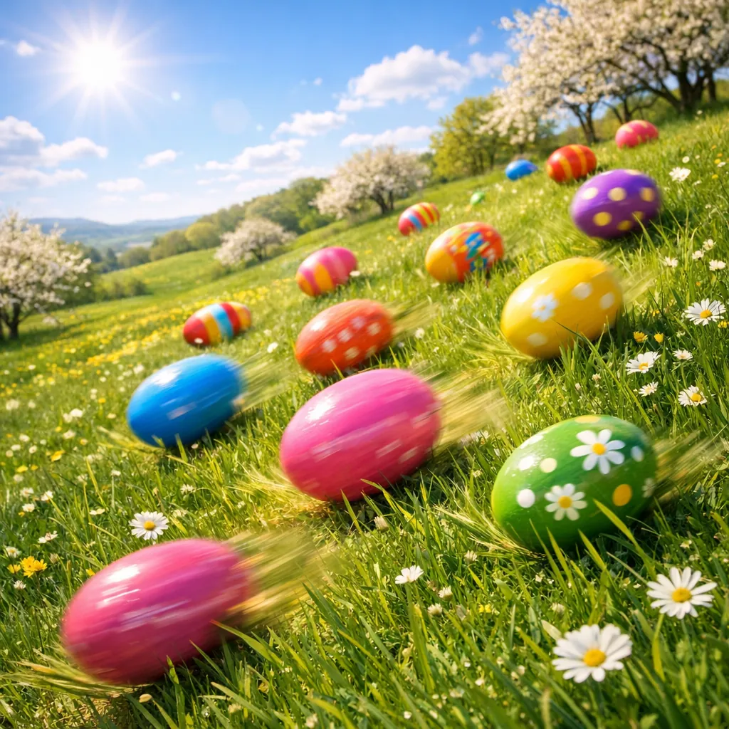 This online jigsaw puzzle features a bright spring scene of colorful Easter eggs scattered across a sunlit meadow, perfect for fans of nature and holiday imager